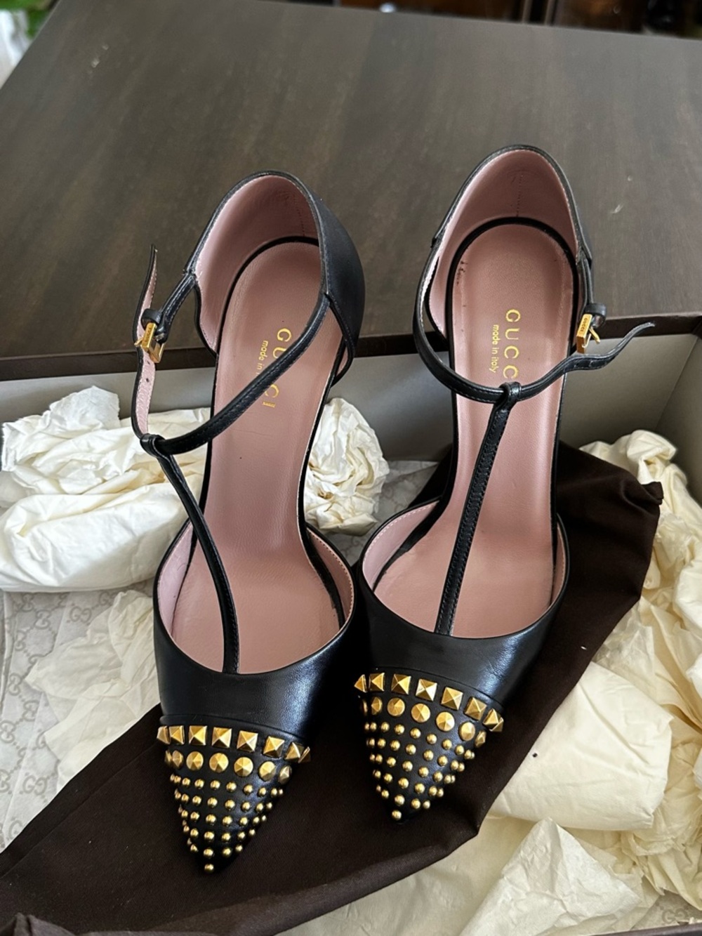 Gucci Black Leather Studded T-Strap Heels with Gold Hardware. Size 35.5